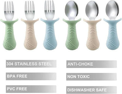 PandaEar Baby Toddler Fork and Spoon Utensil Set, 6 Pack Silicone Stainless Steel Silverware Spoon Fork for Babies Toddler, BPA Free with Silicone Holding Anti-Choke Design (Green Blue Brown)
