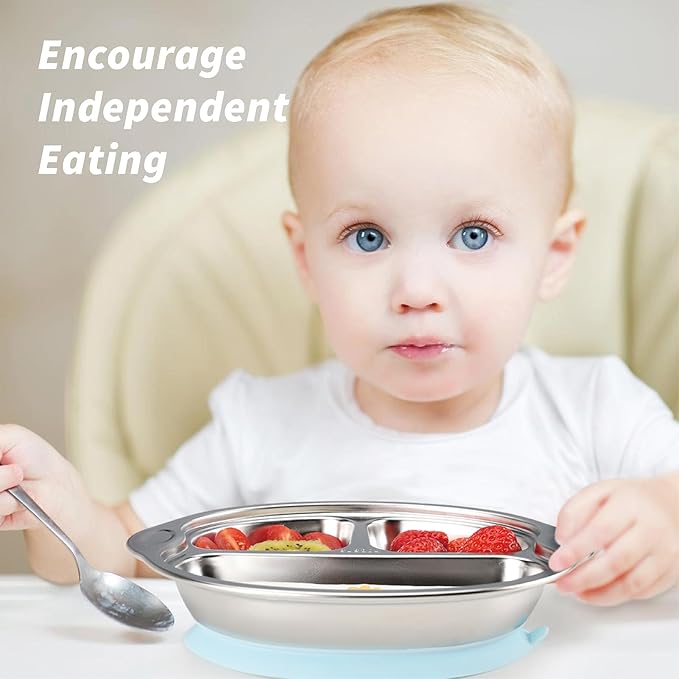 MR. CHOU Stainless Steel Baby Suction Plate, Divided Plates for Babies & Toddlers, 100% Food Grade Kids Plates for Baby Led Weaning, BPA Free Toddler Feeding Supplies, Dishwasher Safe, Blue