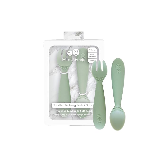 ezpz Mini Utensils - 12 Months+ (Fork & Spoon in Sage) - 100% BPA Free Fork and Spoon - Toddler Utensils - Designed by a Pediatric Feeding Specialist