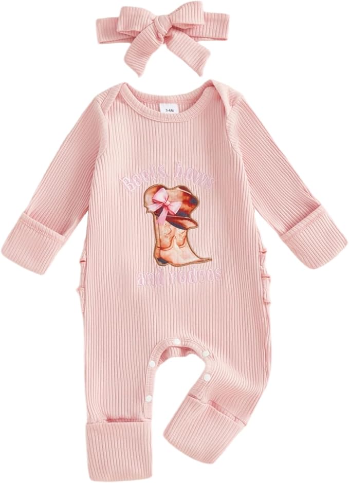 allshope Infant Baby Girl Fall Outfit Romper Ribbed Embroidery Onesie Jumpsuit Long Sleeve Bodysuit Cute Newborn Clothes