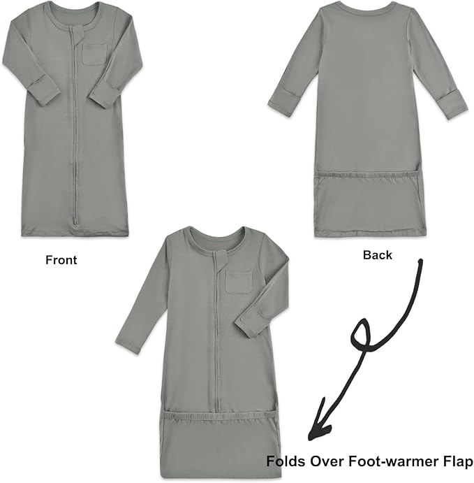 Aablexema Baby Nightgowns Rayon of Bamboo, 2Pcs Newborn Sleeper Gown with 2-way Zipper, Flip Mittens & Foot Cover