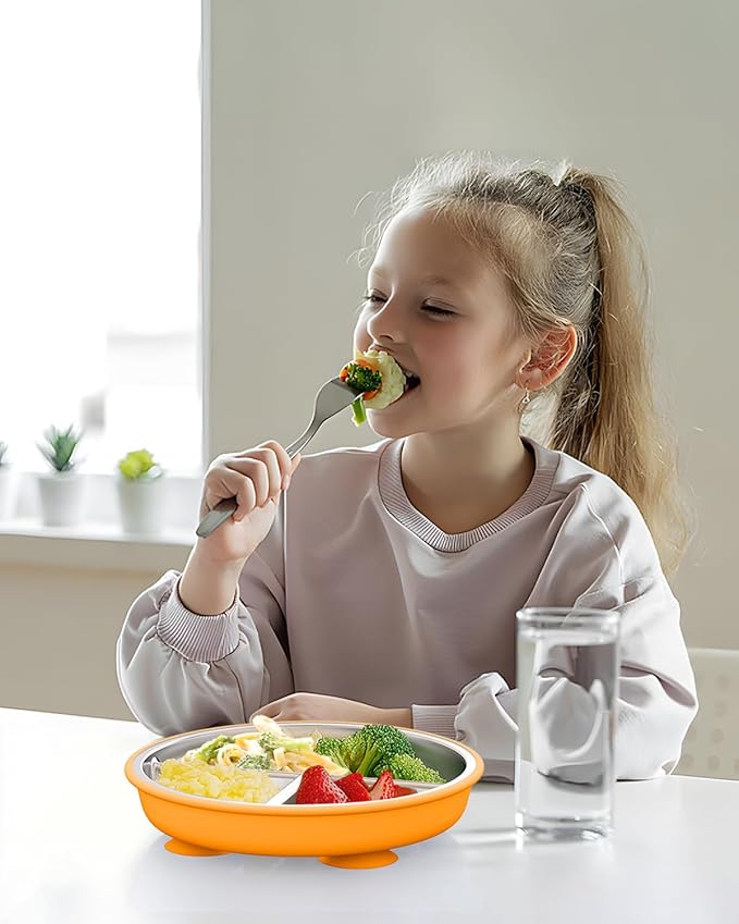 Stainless Steel Toddler Suction Plate with Lid, Deepened 9" Divided Plates with Removable Silicone Sleeves for Kids, Non Toxic Unbreakable Snack Dishes Set of 3, Bright Orange/Blue/Green