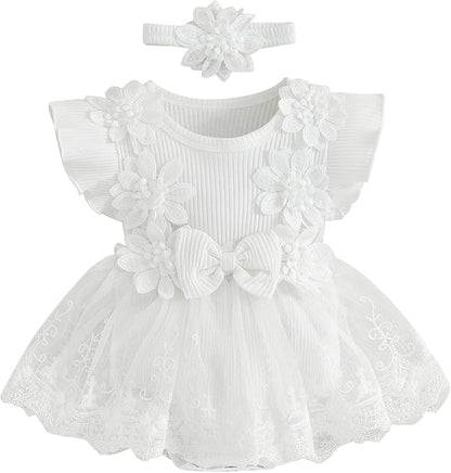 Infant Baby Girl Lace Romper Baby Tulle Dress Romper Flowers Bodysuit Spring Summer Festival Clothes with Headband