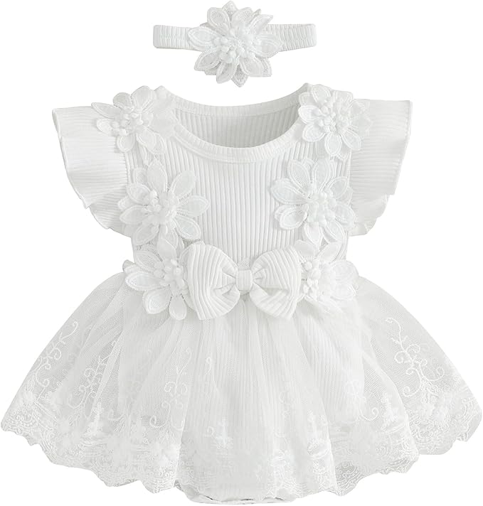 Infant Baby Girl Lace Romper Baby Tulle Dress Romper Flowers Bodysuit Spring Summer Festival Clothes with Headband