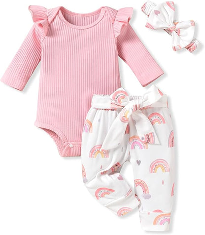 Aalizzwell Preemie Newborn Infant Baby Girls Clothes Ribbed Romper Bodysuit Pants Set Fall Winter Outfits