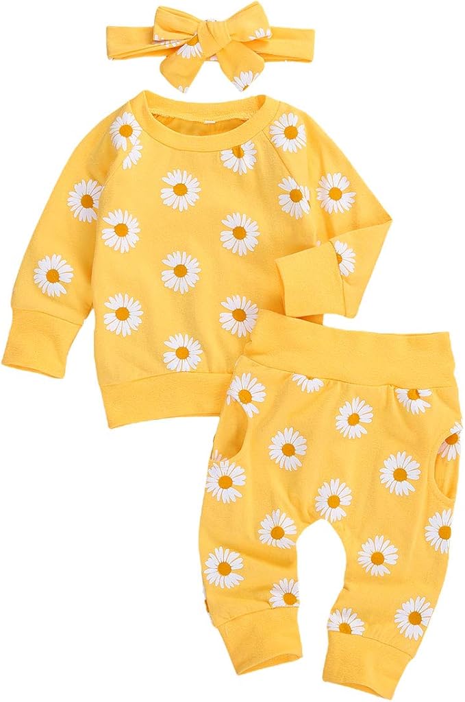 3Pcs Baby Girl Outfits Daisy Sweatshirt + Pants + Headband Infant Fall Winter Clothes