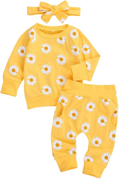 3Pcs Baby Girl Outfits Daisy Sweatshirt + Pants + Headband Infant Fall Winter Clothes