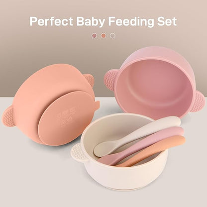 3 Pack Baby Bowls with Suction and 3 Pack Baby Spoons, BPA Free, Silicone Baby Feeding Set for Babies Toddler Kids, Microwave and Dishwasher Safe