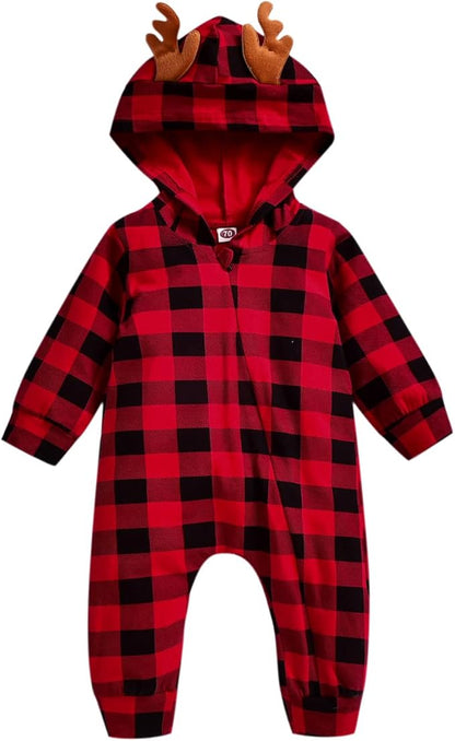 Infant Baby Boys Christmas Hooded Romper Jumpsuit Long Sleeve Elf Reindeer One-Piece Santa Xmas Clothes