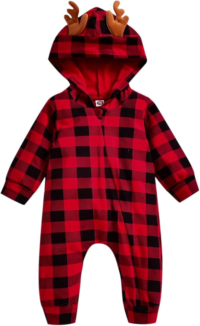 Infant Baby Boys Christmas Hooded Romper Jumpsuit Long Sleeve Elf Reindeer One-Piece Santa Xmas Clothes