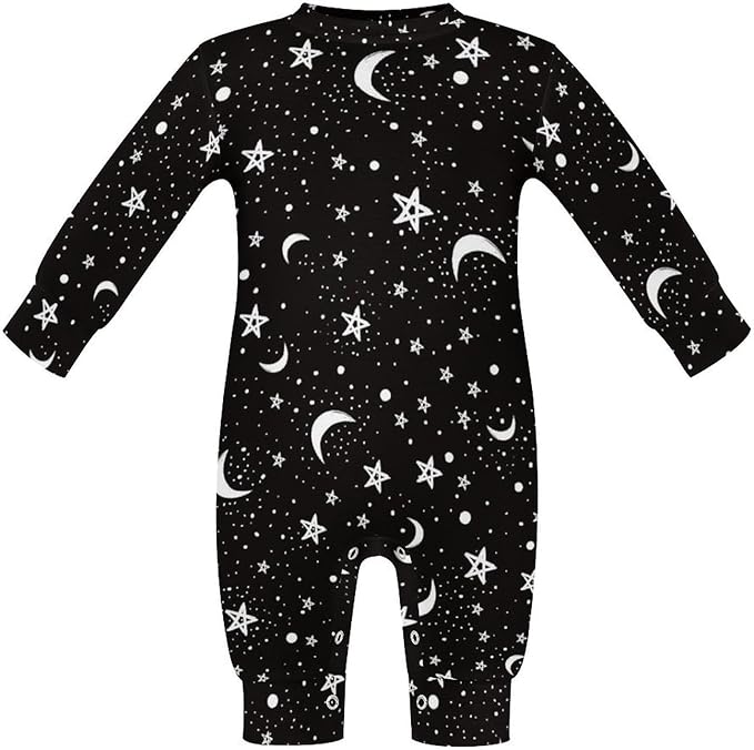 Black White Moon And Star Pattern Baby Romper Long Sleeve Onesie Button Jumpsuit Baby Clothes Unisex