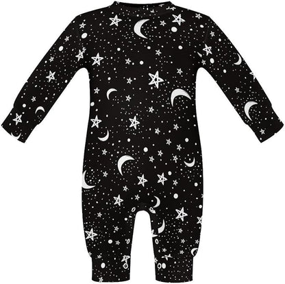 Black White Moon And Star Pattern Baby Romper Long Sleeve Onesie Button Jumpsuit Baby Clothes Unisex