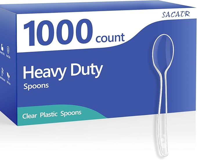 SACATR 1000 Count Clear Plastic Spoons Bulk - Plastic Silverware Spoons Heavy Duty, Premium Disposable Spoons, BPA-Free, Heat Resistant, Suitable for Parties, Events, and Everyday Use