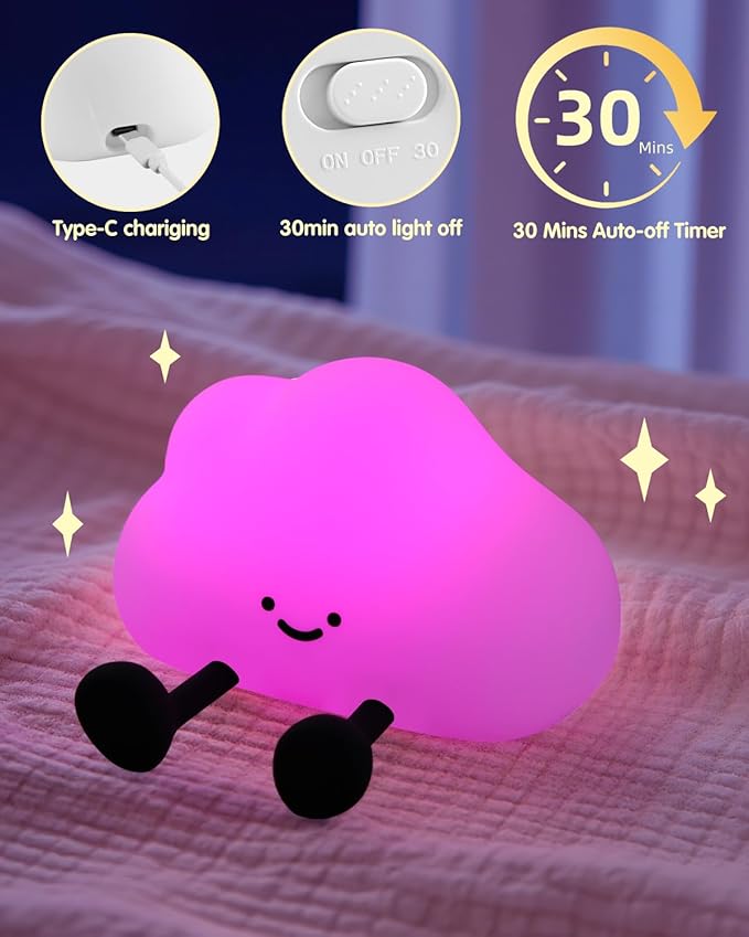 YISUN Cloud Night Light, Colorful Silicone Night Lights for Nursery, Rechargeable Dimmable Bedside Lamp with Timer, Soft Squishy Night Lamp Portable Kids Gift for Girls, Boys, Babies