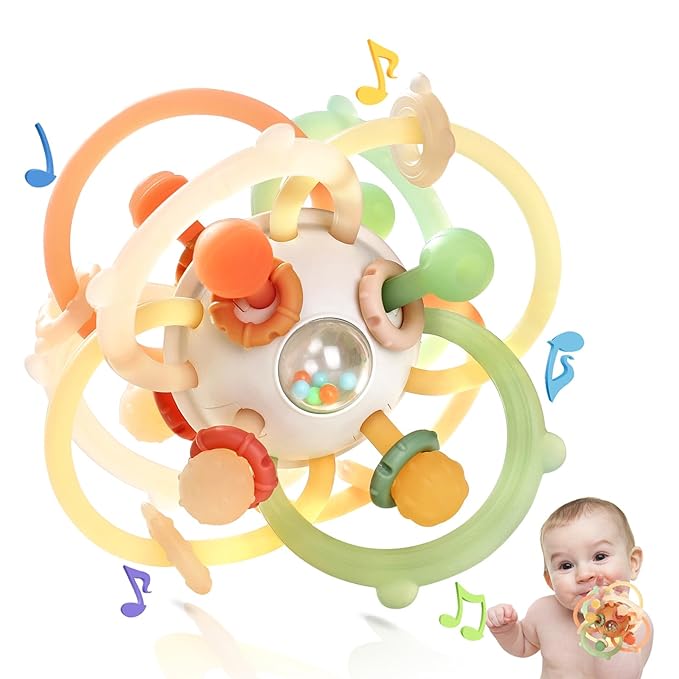 Orzbow Baby Sensory Teething Toys, Infant Montessori Teether Ball, Silicone Baby Rattle Ball Toy, Babies Chew Toys for 3-6-12-18 Months Sucking Needs, Teethers Relief, BPA Free, Brown