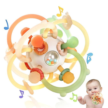 Orzbow Baby Sensory Teething Toys, Infant Montessori Teether Ball, Silicone Baby Rattle Ball Toy, Babies Chew Toys for 3-6-12-18 Months Sucking Needs, Teethers Relief, BPA Free, Brown
