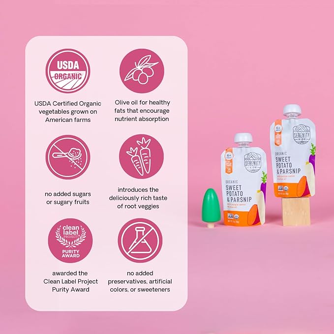 Serenity Kids 6+ Months USDA Organic Veggie Puree Baby Food Pouches | No Sugary Fruits or Added Sugar | Allergen Free | 3.5 Ounce BPA-Free Pouch | Sweet Potato & Parsnip | 1 Count