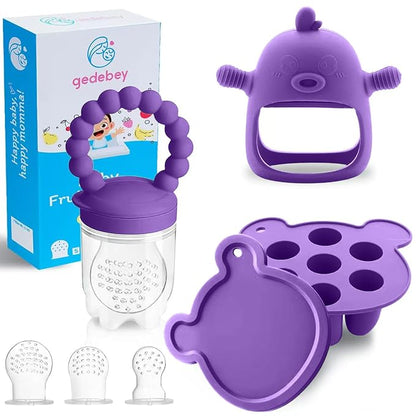 Baby Fruit Food Feeder Breastmilk Popsicle Molds for Teething Relief - 3 Pack Feeding Sets - 1 Freezer Tray with Lid & 1 Teether & 1 Silicone Pacifier + 3 Extra Sizes Infant Feed Mesh (Purple)