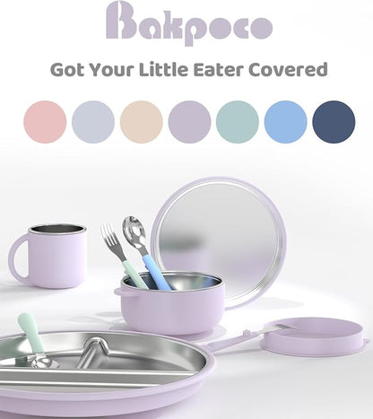 8" Stainless Steel Baby Suction Plate, Toddler Plates with Removable Silicone Sleeves, Non Toxic Unbreakable Led Weaning Supplies Kids Snack Dishes Set of 4, Sage Blue Beige Lilac
