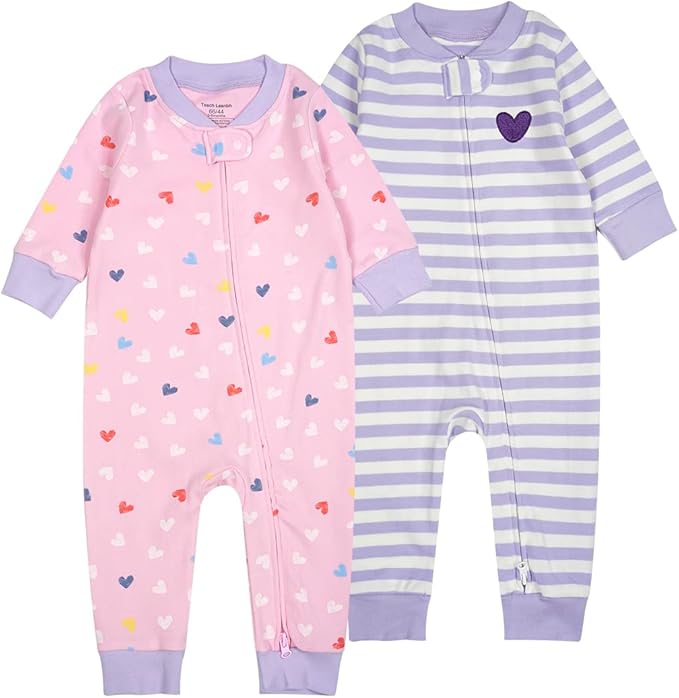 Teach Leanbh Baby 2-Pack 100% Cotton Romper Jumpsuits Two Way Zipper Long Sleeve Footless Sleep and Play
