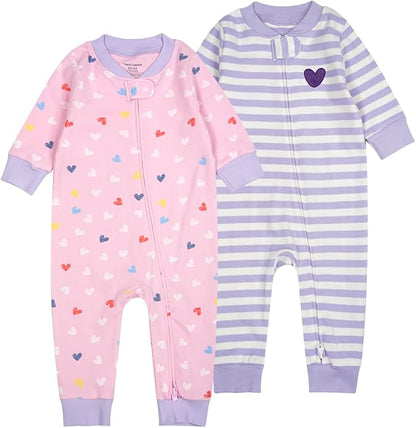 Teach Leanbh Baby 2-Pack 100% Cotton Romper Jumpsuits Two Way Zipper Long Sleeve Footless Sleep and Play