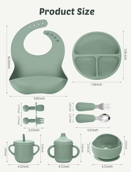 Silicone Baby Feeding Set, 18PCS Baby Led Weaning Supplies, Eating Essentials Utensils with Suction Plate and Bowl, Adjustable Silicone Bib, for 6+ Months (Green+Brown)
