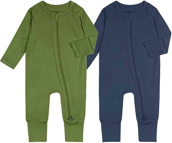 Teach Leanbh Baby Boys Girls 2 Pack Bamboo Viscose Pajamas with Mitten Cuffs 2 Way Zipper Long Sleeve Romper Sleep and Play