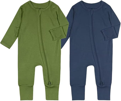 Teach Leanbh Baby Boys Girls 2 Pack Bamboo Viscose Pajamas with Mitten Cuffs 2 Way Zipper Long Sleeve Romper Sleep and Play