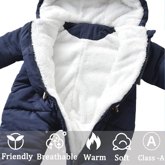 Baby Winter Snowsuit Warm Hooded Coat Onesie Romper Jumpsuit with Footed Gloves for Boys Girls 3-24 Months