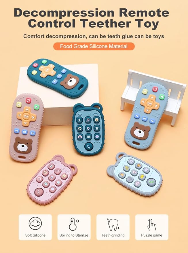 2-Pack Silicone Teethers – Remote Control & Phone Teething Toys with Popper Buttons, BPA-Free, CPC Certified Baby Essentials for Infants & Toddlers (Remote/Phone - Dark Blue/Grey)