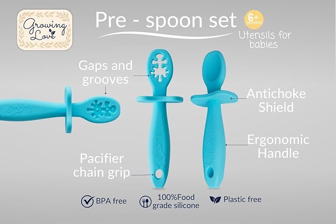 Growing Love Baby Spoons Set, Self Feeding 6 months, Pre-Spoon, Toddler spoon, Baby utensils, training spoon, cuchara bebe, blw, 100% silicone, Anti choke shield