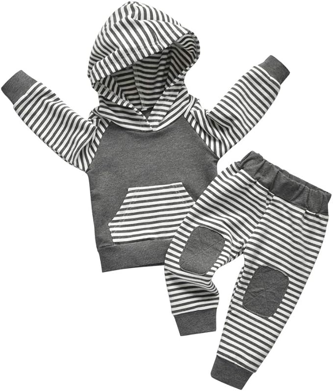 Toddler Infant Baby Boy Clothes Striped Long Sleeve Hoodie Tops Sweatsuit Pants Outfit Set