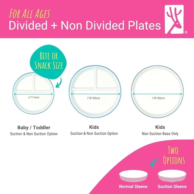 Elk and Friends Kids 7.8” Porcelain White Plates with Silicone Sleeves + Lids | Suitable for Babies/Toddlers | Microwave & Dishwasher Safe | Non Slip Dinnerware | Snack Dishes | 4 Pack