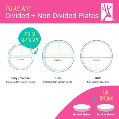 Elk and Friends Kids 7.8” Porcelain White Plates with Silicone Sleeves + Lids | Suitable for Babies/Toddlers | Microwave & Dishwasher Safe | Non Slip Dinnerware | Snack Dishes | 4 Pack