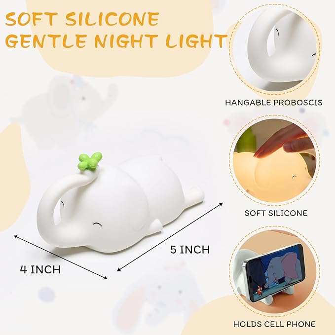 Silicone Night Light for Kids, Squishy Elephant Lamp - 3 Level Dimmable Rechargeable with Timer, Safe Bedside Light for Nursery Toddler Room