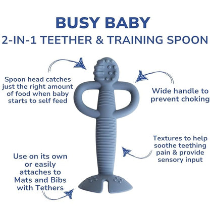 Busy Baby Teething Spoon - 2-in-1 Teether and Training Spoon for Self Feeding, Dishwasher Safe, BPA Free, Food Grade Silicone (Pewter)