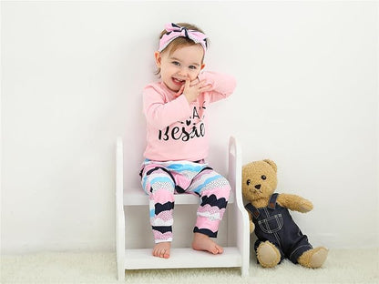 KuKitty 3Pcs Baby Girl Outfits Set Long Sleeve T-Shirt Tops Flowers Pants with Headband