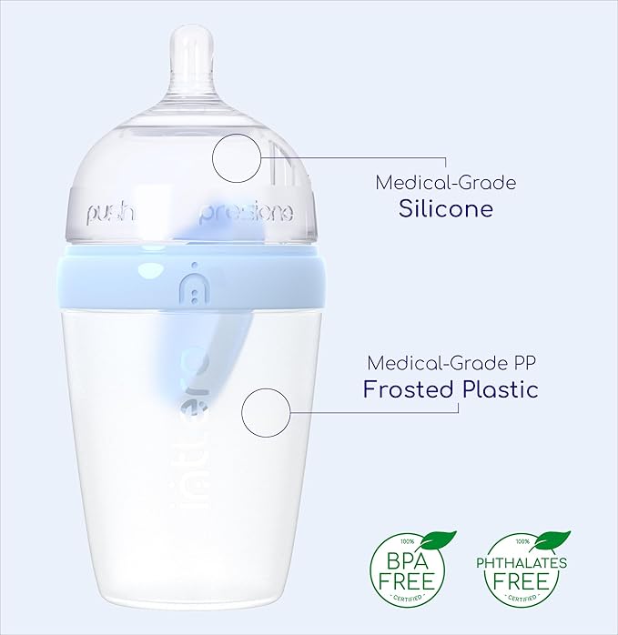 INTTERO Baby Bottles with Built-in Formula Dispenser, Anti-Colic Wide Neck Design for Newborn Feeding and Everyday Baby Essentials, 9 Oz Medium Flow (2 Pack), Cute Blue