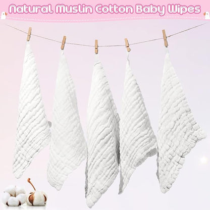 Breling 20 Pcs Baby Muslin Washcloth 12 x 12 Inch 100% Cotton Soft and Absorbent Muslin Washcloth Burp Cloth Wipe Newborn Face Towel for Baby Boy Girl Sensitive Skin(White)