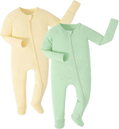 JunNeng Viscose from Bamboo Baby Sleeper,Newborn Footie Pajamas with 2 Way Zipper & Fold Over Mittens,0-12M