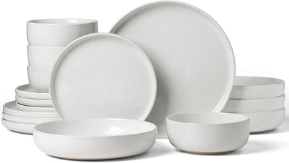 Famiware Milkyway Stoneware Dinnerware Sets with Pasta Bowls, Service for 4 (16 Pieces), Plates and Bowls Sets -Scratch Resistant, Microwave and Dishwasher Safe Dishes Set, White