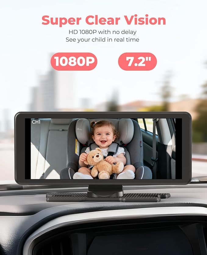 BM5PRO 7.2" Dual Camera Baby Monitor, 1080P HD Display for 2 Kids, Night Vision, Easy Install Car Baby Monitor, Ideal Gift, Rear Seat Safety for Babies & Pets