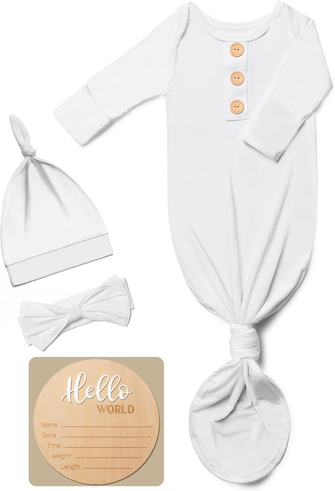 Soft Baby Knot Gown 0-3 Months, Newborn Announcement Sleepers With Mitten Cuffs and Personalized Wooden Name Tag