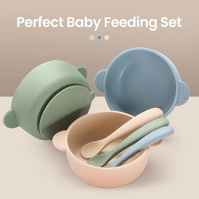 Baby Bowls with Suction and Baby Spoons Set of 3, Silicone Stay Put Bowls and Feeding Spoons for Babies Toddlers Kids, BPA Free,Microwave and Dishwasher Safe