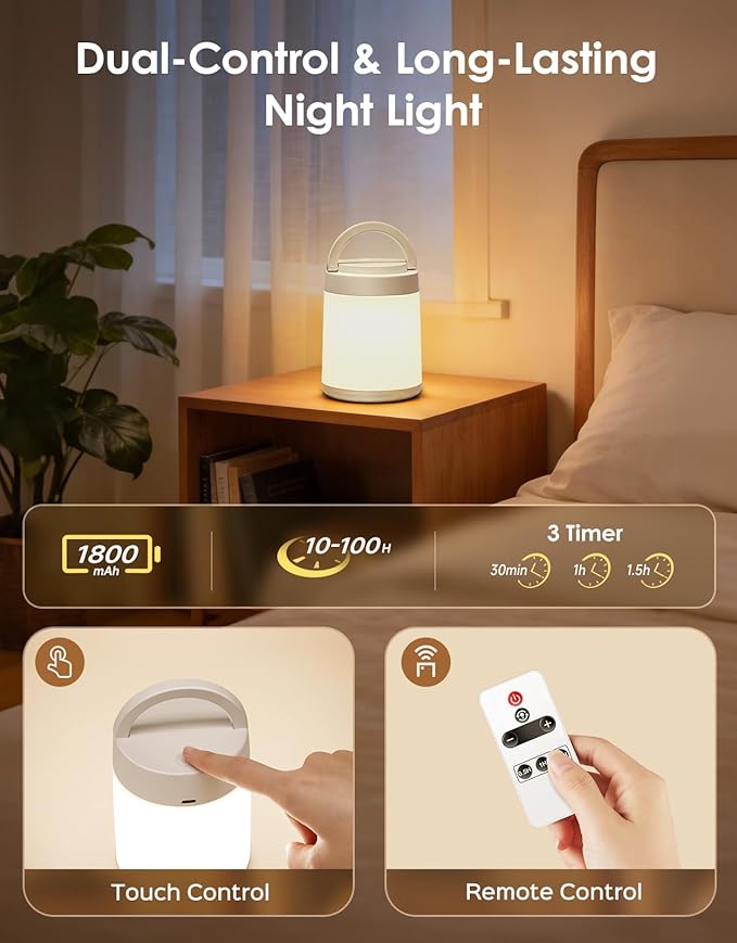 One Fire Night Light for Kids Night Light,10 Colors+8 Dimmable Baby Night Lights for Nursery Lamp,Portable+Remote+Touch Nightlight for Kids Room,1800mAh Tap Light Rechargeable Night Light Cream White