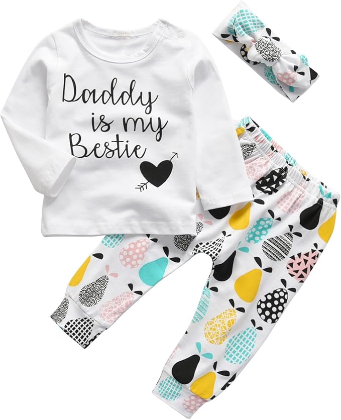 KuKitty 3Pcs Baby Girl Outfits Set Long Sleeve T-Shirt Tops Flowers Pants with Headband