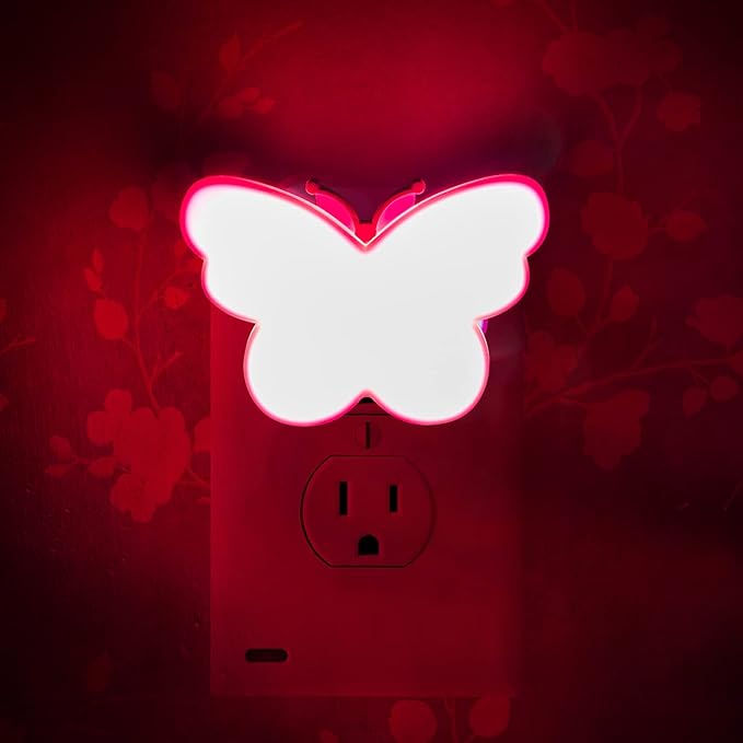 2pcs Butterfly LED Plug-in Night Light, Plug Into Wall Night Lights with Smart Dusk to Dawn Sensor, Auto On/Off, Suitable for Bedroom Bathroom Hallway Kids Room (Pink Light + Blue Light)