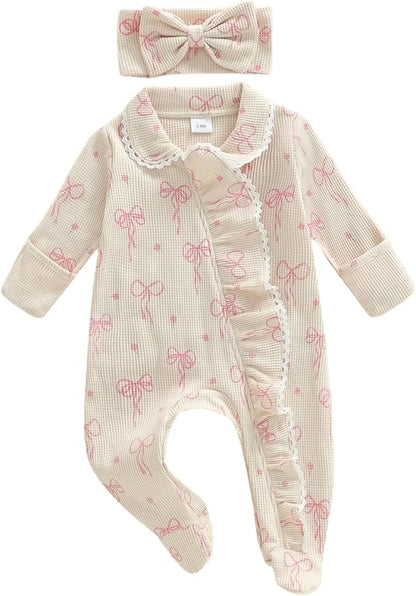 Newborn Baby Girl Fall Winter Outfits Clothes Knit Jumpsuit Ruffle Romper Newborn Coming Home Outfit for Baby Girl