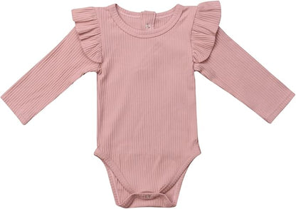 Mubineo Infant Baby Girl Basic Plain Rib Knit Ruffle Long Sleeve Romper Bodysuit Tops