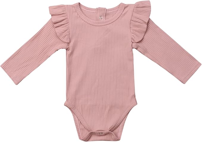 Mubineo Infant Baby Girl Basic Plain Rib Knit Ruffle Long Sleeve Romper Bodysuit Tops
